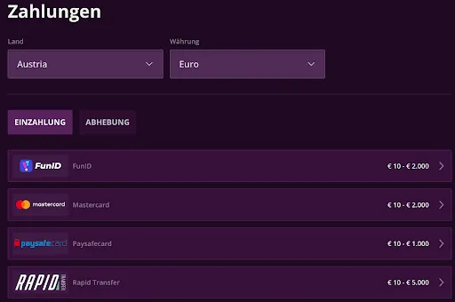 Malina Casino-Zahlungsoptionen mit FunID, Mastercard, Paysafecard und Rapid Transfer