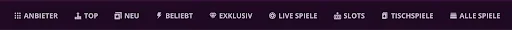 Malina Casino-Navigationsleiste mit Kategorien: Anbieter, Top, Neu, Beliebt, Exklusiv, Live Spiele, Slots, Tischspiele, Alle Spiele