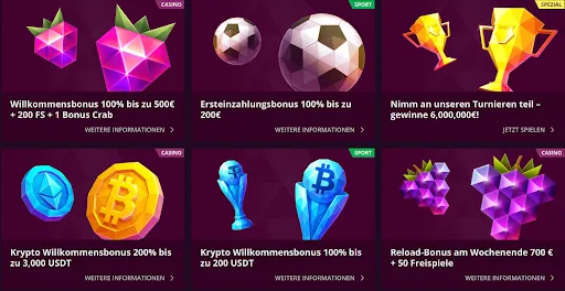 Malina Casino Aktionsübersicht mit Casino-, Sport-, Krypto-Boni, Turnieren und Wochenend-Reload