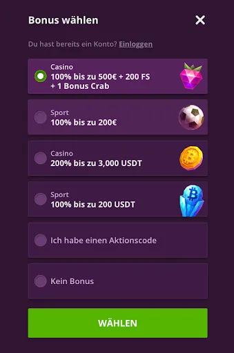 Malina Casino Bonus wählen Dialog mit Optionen für Casino-, Sport- und Krypto-Boni