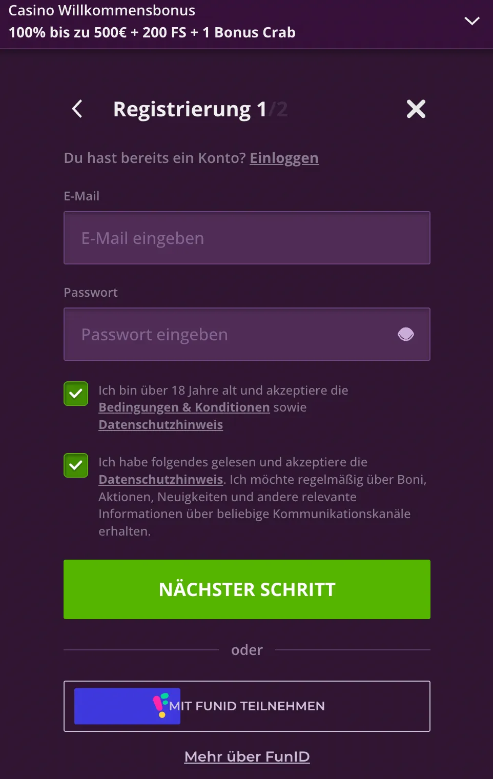 Malina Casino-Registrierungsformular Schritt 1 mit Casino Willkommensbonus und E-Mail-/Passwortfeldern