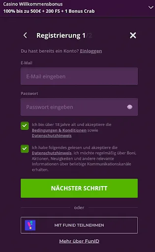 Malina Casino-Registrierung Schritt 1 mit Willkommensbonus, E-Mail- und Passwortfeldern