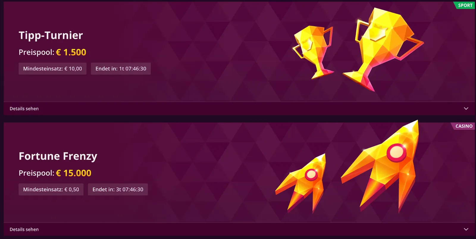 Malina Casino-Turnierbanner: Tipp-Turnier (€ 1 500 Preispool, Einsatz ab € 10) & Fortune Frenzy (€ 15 000 Preispool, Einsatz ab € 0,50)
