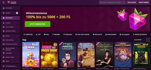 Malina Casino-Startseite mit Willkommensbonus 100 % bis zu 500 € + 200 FS und Top-Spiele-Vorschau
