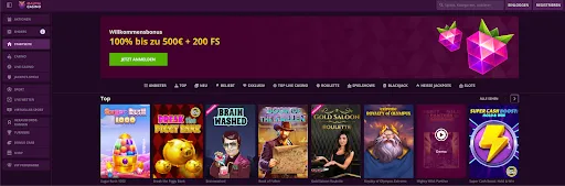 Malina Casino-Startseite mit Willkommensbonus, Hauptnavigation und Top-Spiele-Vorschau