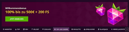 Malina Casino – Willkommensbonus & Top Live Casino Spiele Malina Casino-Startseite mit Willkommensbonus und ausgewählter Top Live Casino Kategorie